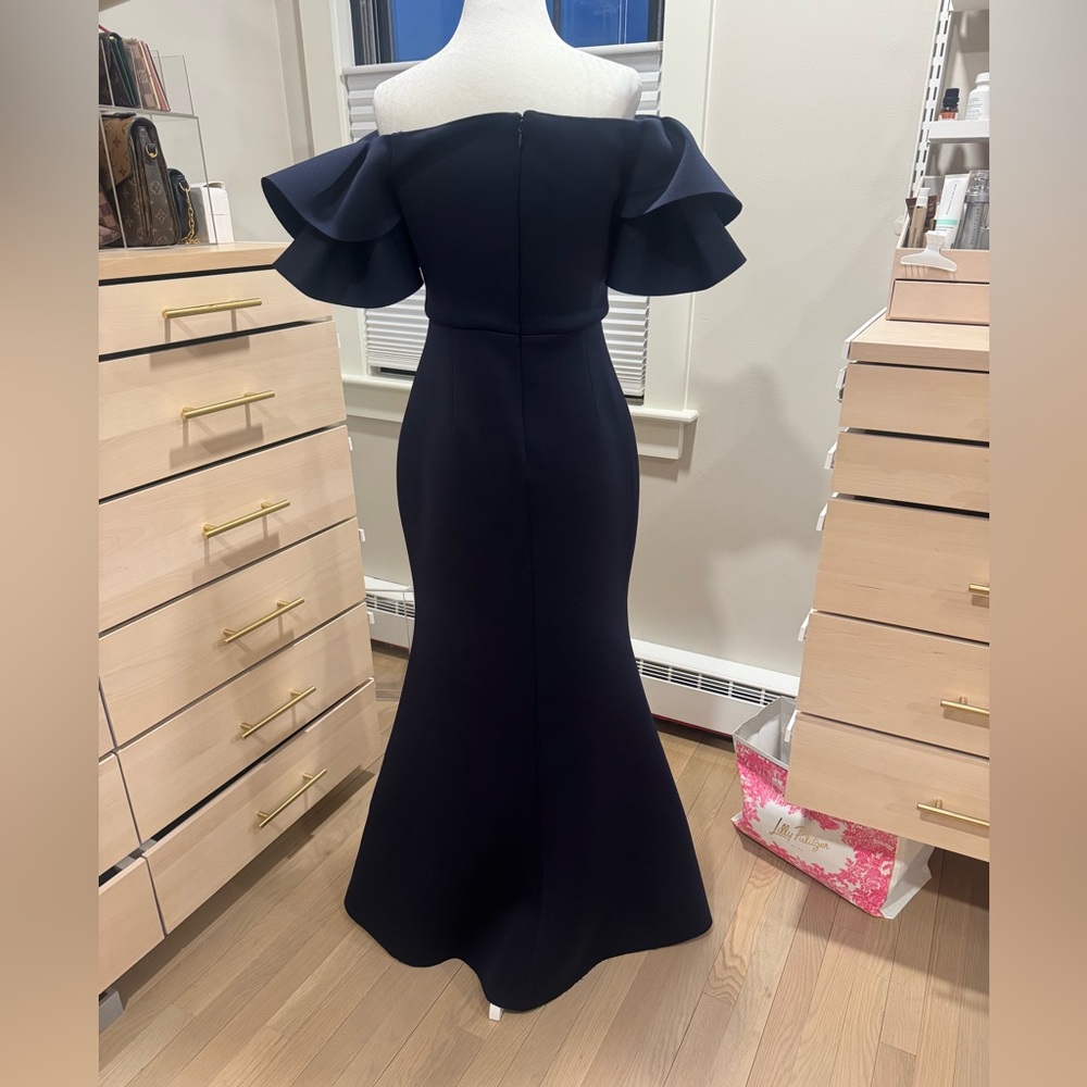 Eliza J Off-Shoulder Ruffle Sleeve Scuba Maxi Dress in Navy